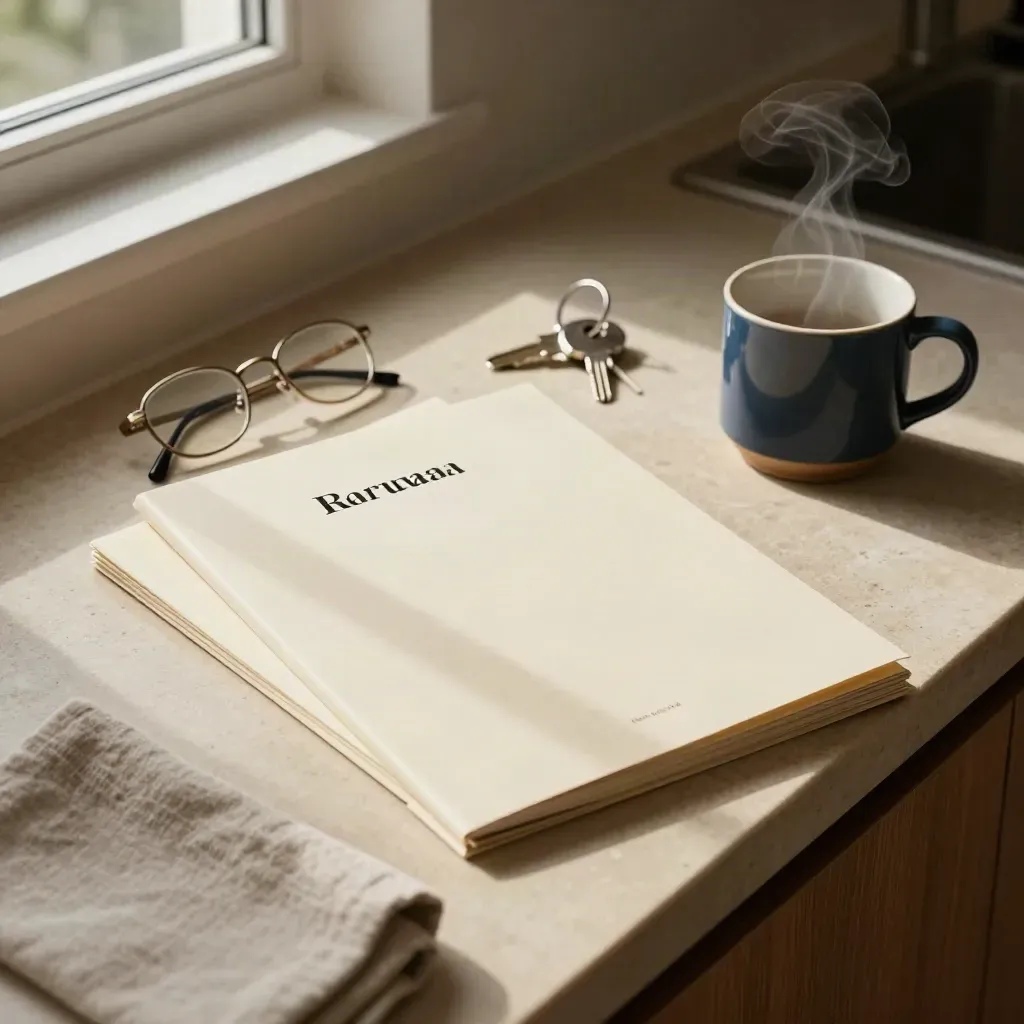 Top-down kitchen counter with policy folder, glasses, keys and steaming mug at renewal review.