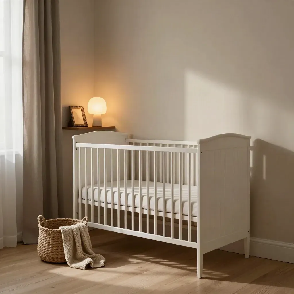 White nursery crib, woven basket, keepsake frame and lamp in warm evening light.