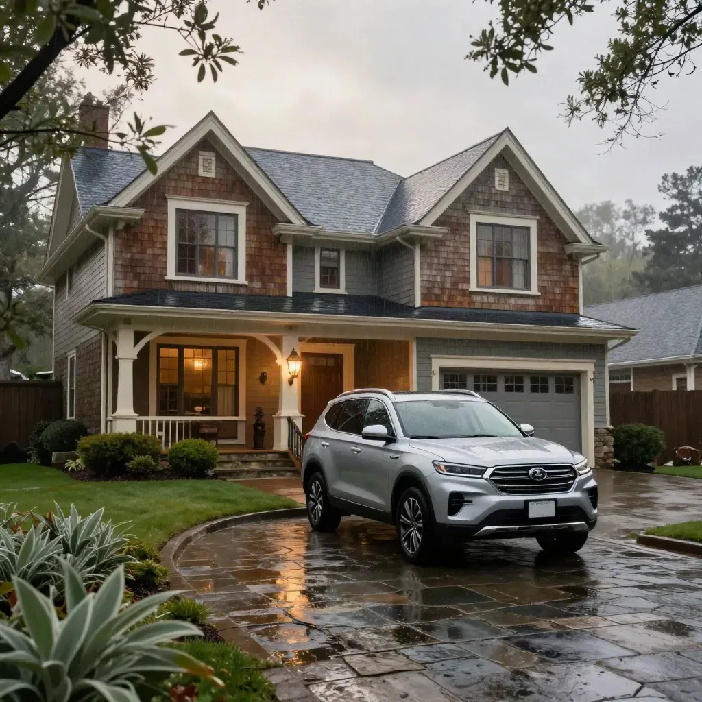 Rain-fresh heritage home with silver SUV, wet bluestone, brass lanterns, and misty spring light.