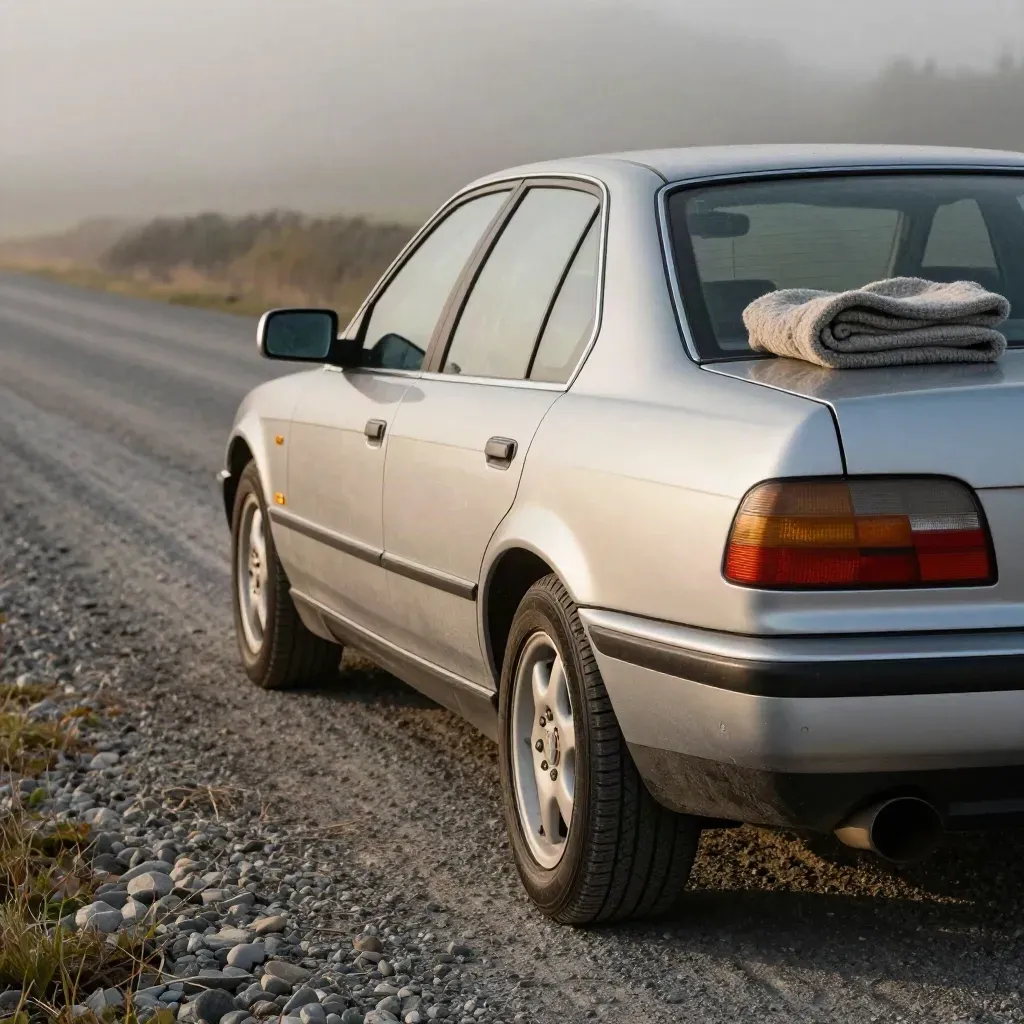 Silver sedan by a gravel lane with winter tires and a folded blanket, spray drying on the bodywork.