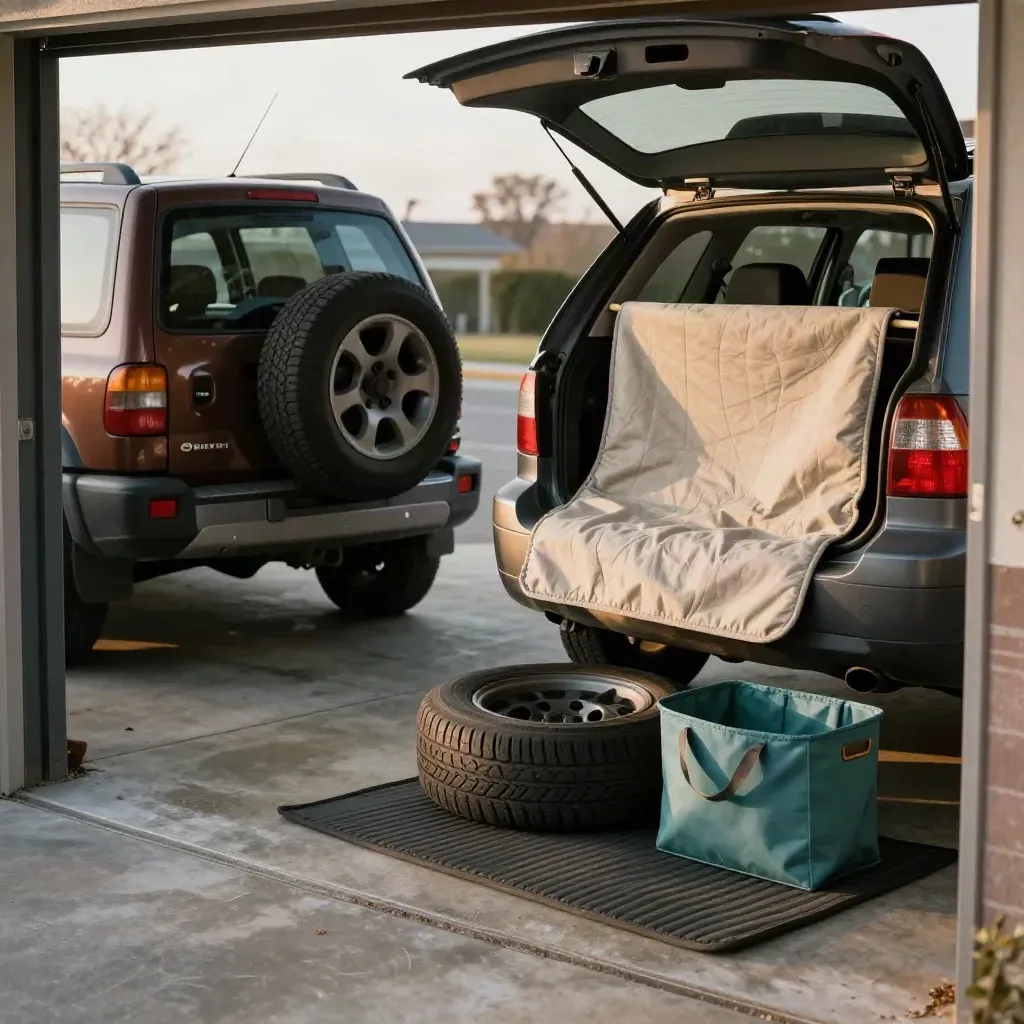 SUV at a garage threshold with spare tire, seat protector, and winter mats in late-afternoon light