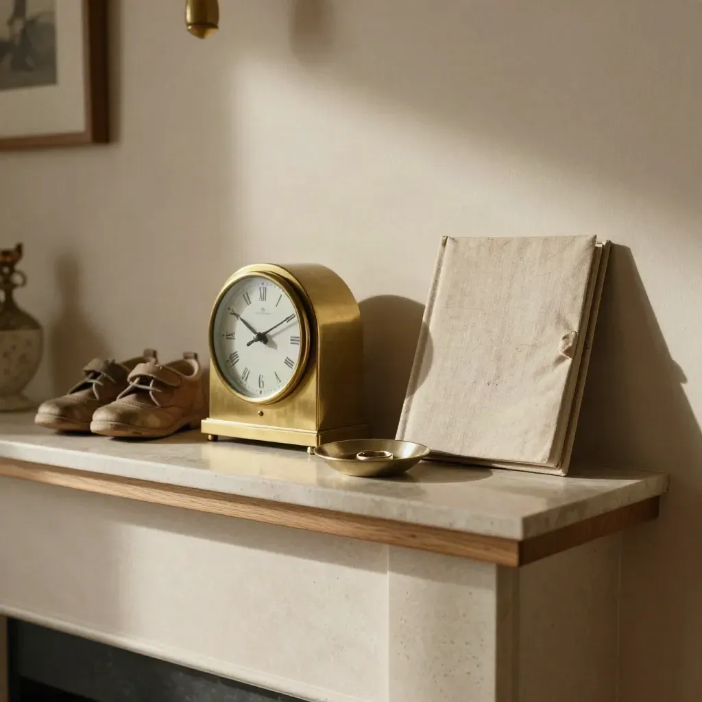 Brass clock, kids’ shoes, ring dish, and closed album on a mantel in evening light