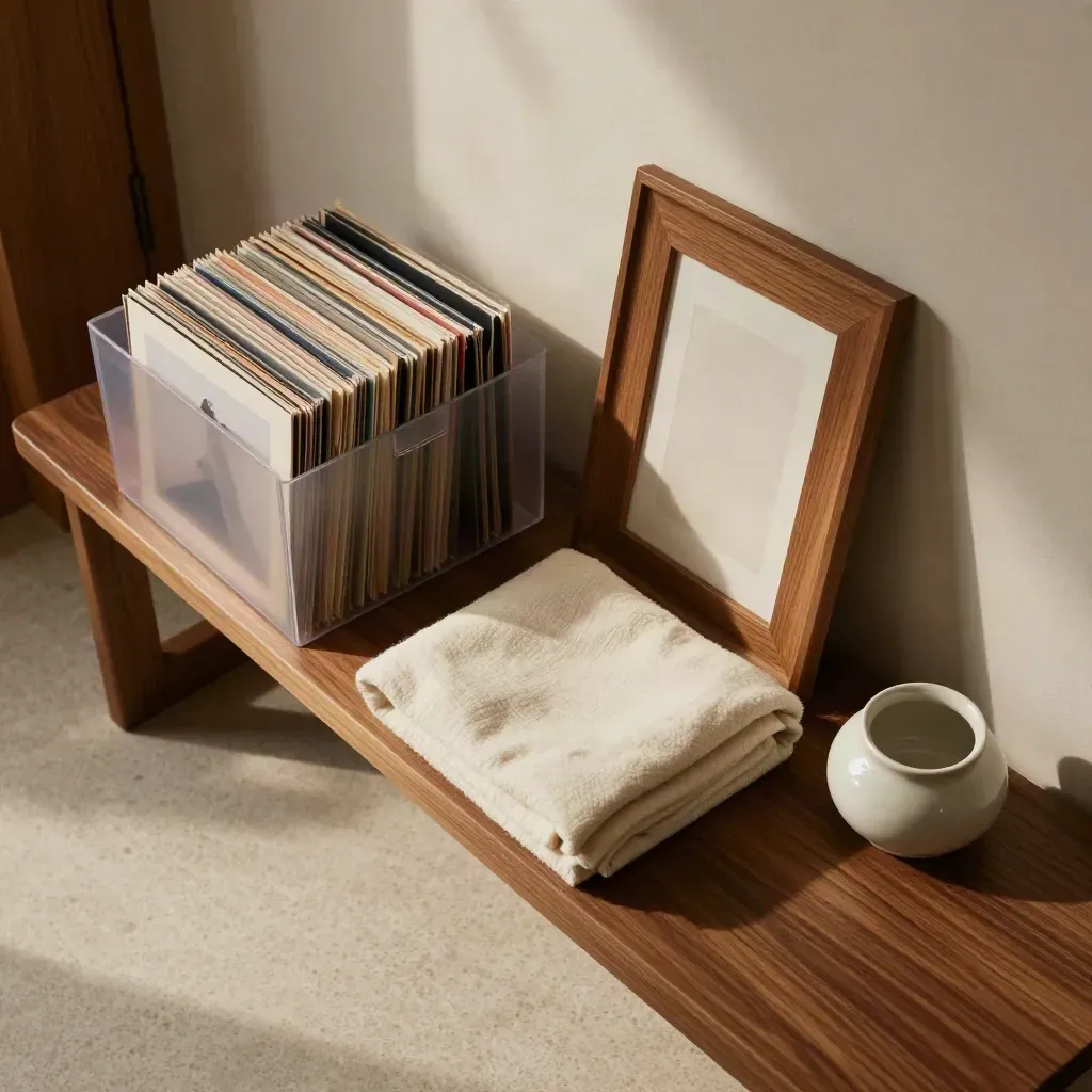 Top-down of an entry bench with an archive box, folded blanket, turned frame, and ceramic catchall.