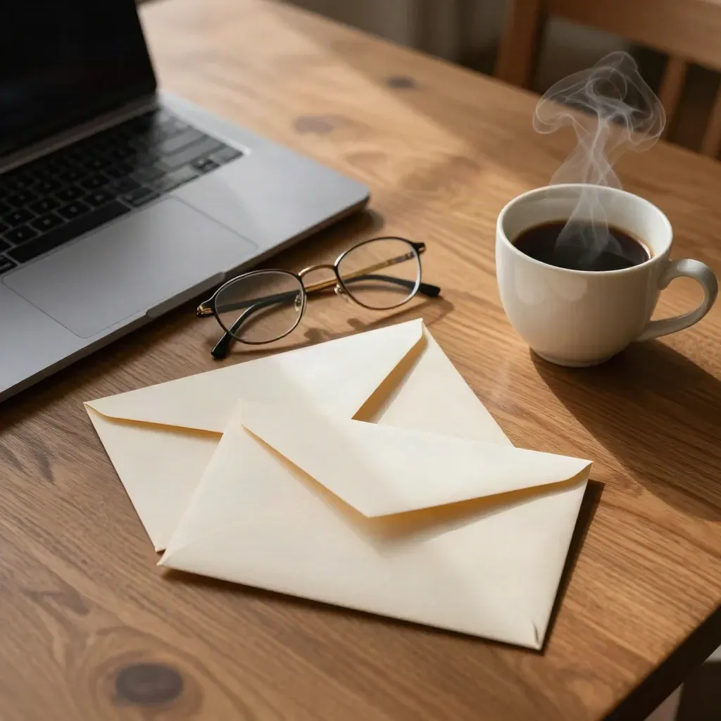 Overhead renewal checkup tabletop with laptop, envelopes, glasses, and steaming coffee.