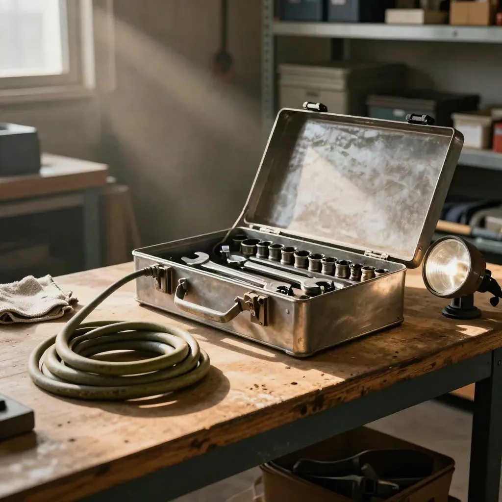Workshop bench with tools, extension cord, rag, and work light in dusty afternoon light.