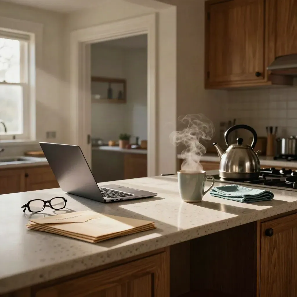 Dawn kitchen counter with laptop, glasses, renewal envelopes, and a cooling mug.