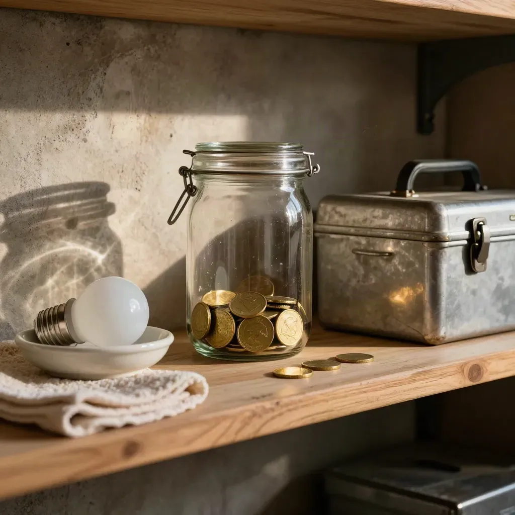 Basement utility shelf with savings jar, bulbs, toolbox and towel in warm late-afternoon light