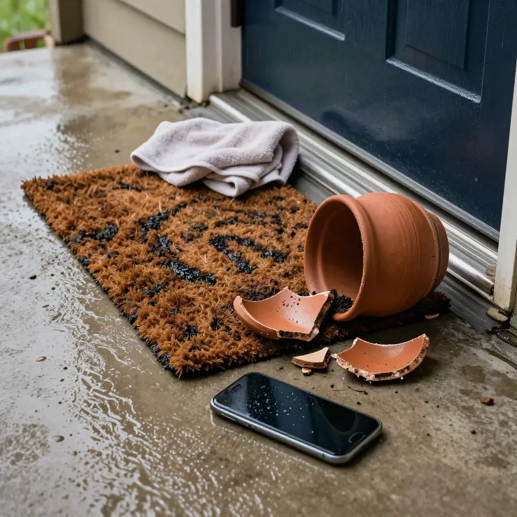 Rain-soaked mat, broken clay pot, towel, and face-down phone at a stoop threshold.