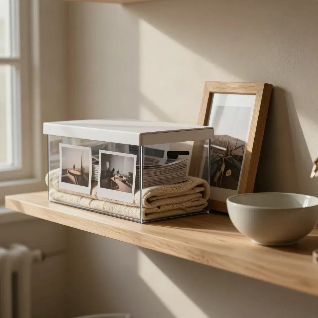 Rental shelf with archive box, blanket, turned frame and ceramic bowl in hazy window light.