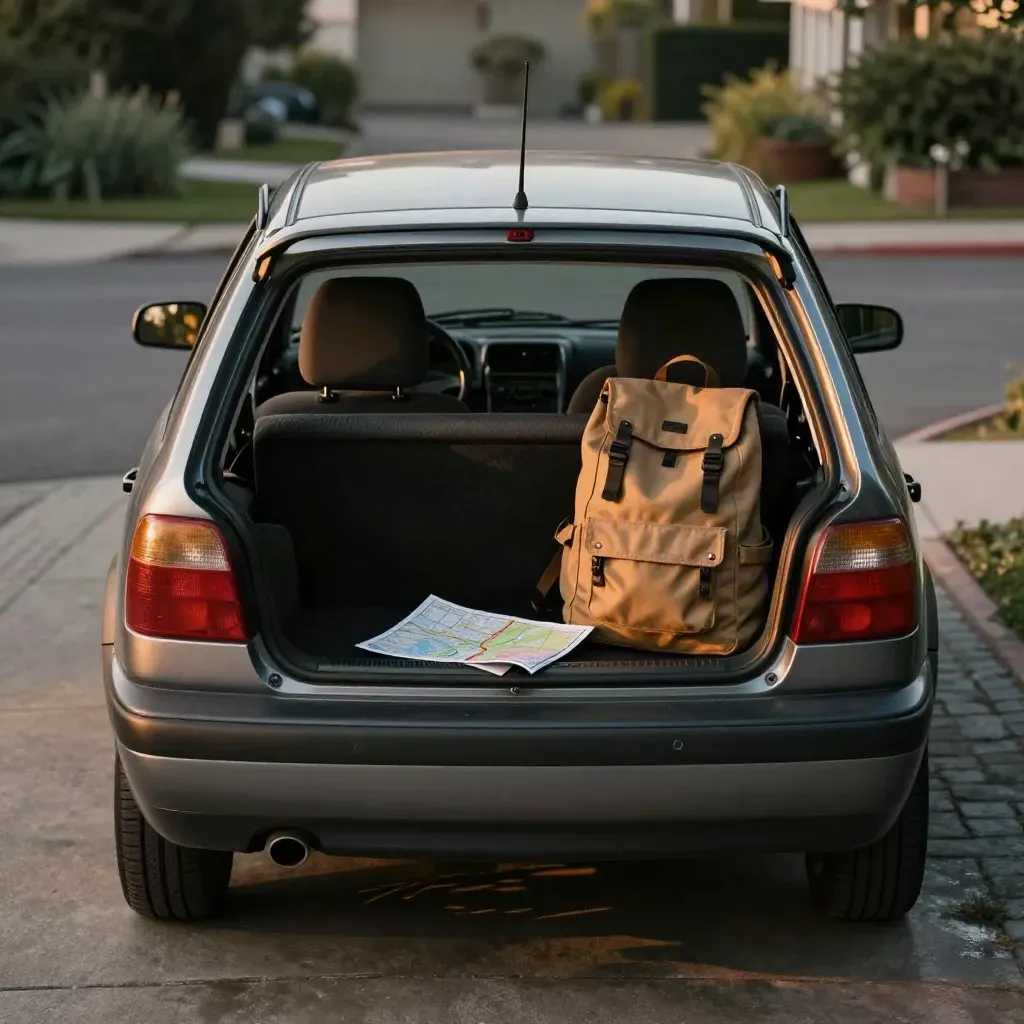 Compact sedan after a learner drive, with backpack and map, in warm humid driveway light.