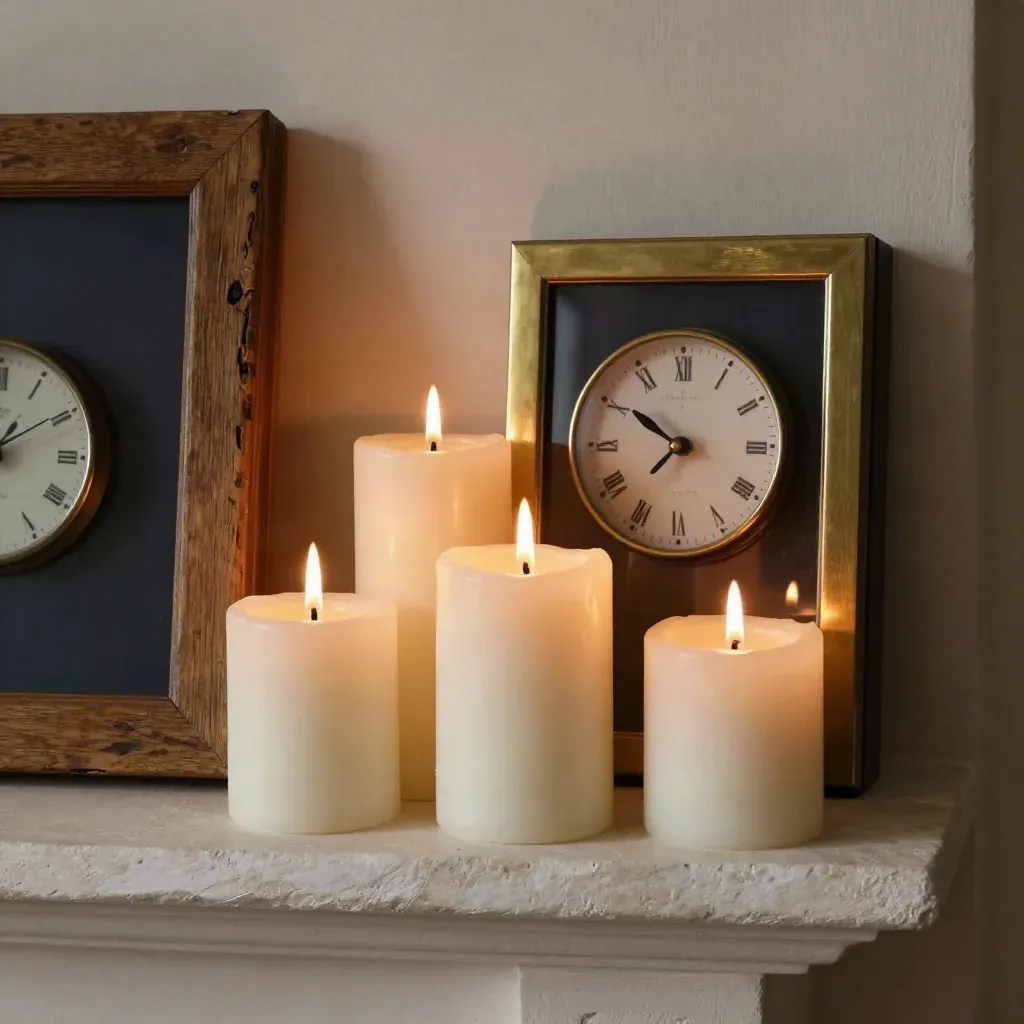 Three candles, a turned family frame, and a brass clock on a mantel in warm light.
