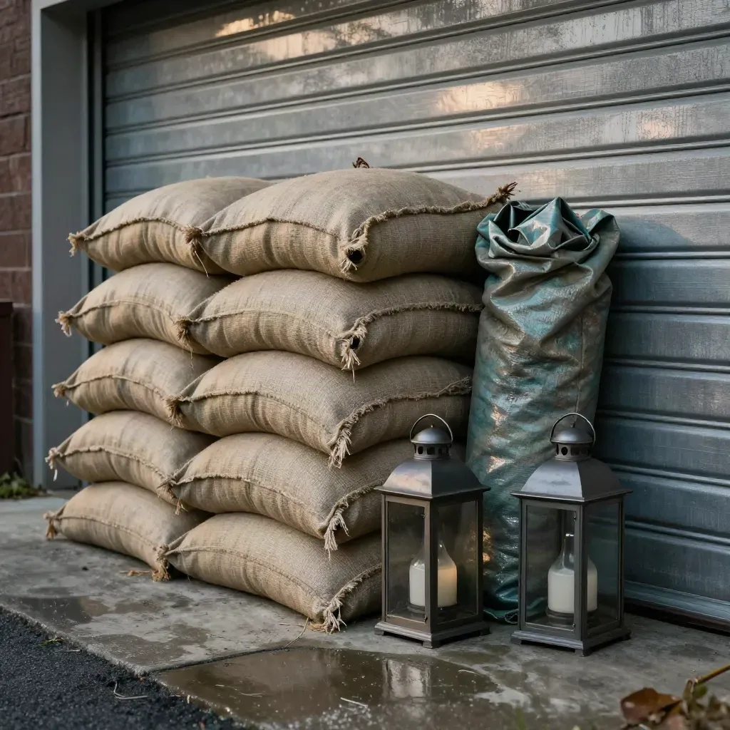 Sandbags, tarp, lanterns, and storm shutters ready beside a garage door