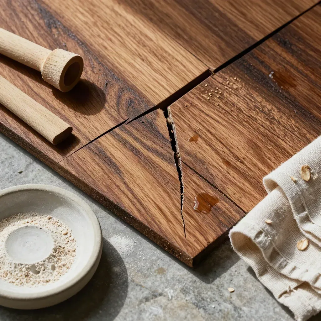 Cracked cedar shingle with plant cutting, plaster dish and linen on a stone tray.