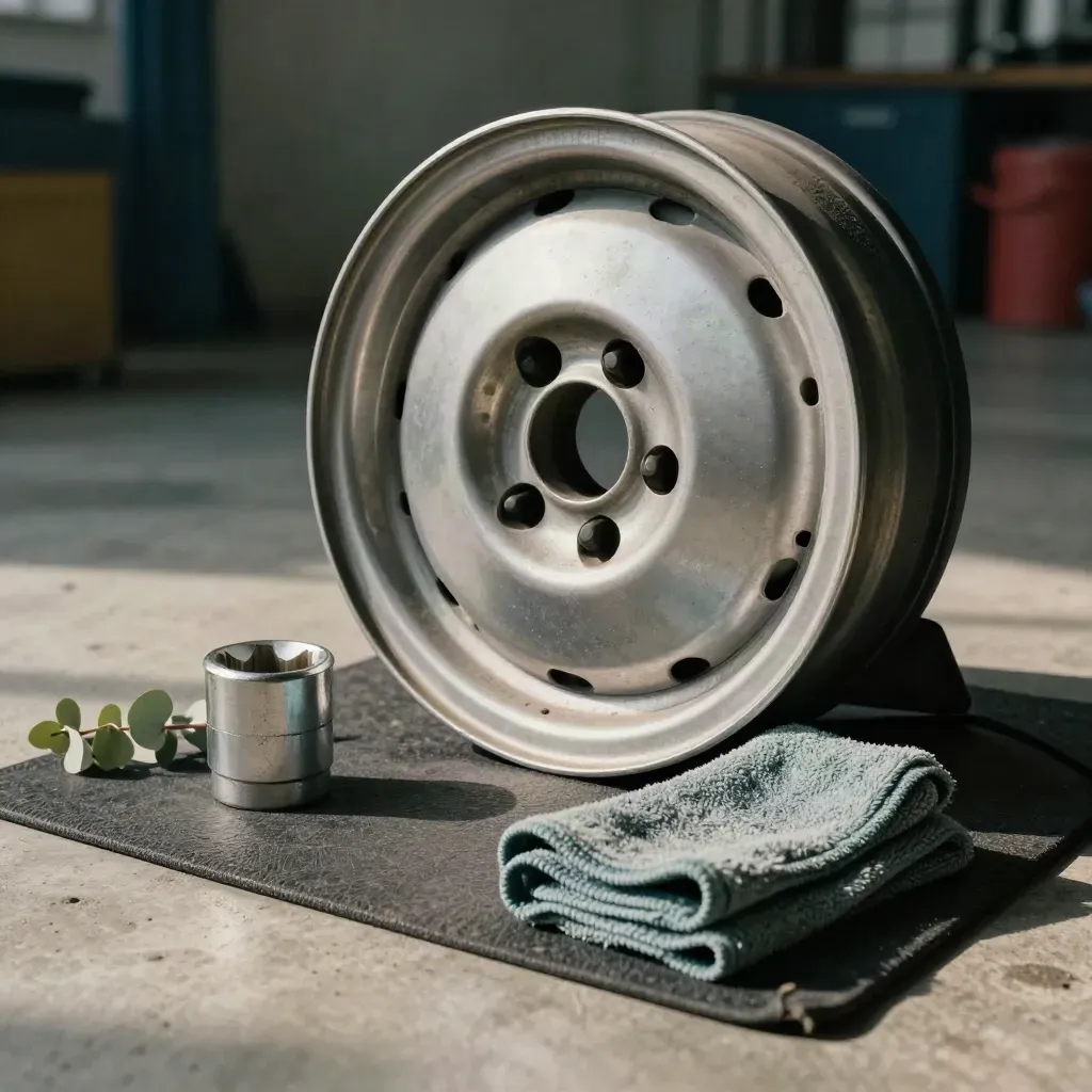 Wheel cap, socket, cloth and eucalyptus on a garage mat, lit by soft daylight.