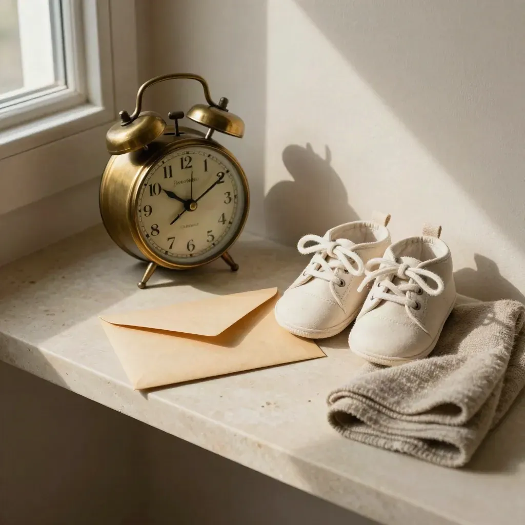 Brass clock, baby shoes, keepsake envelope and folded cloth on a pale stone shelf.