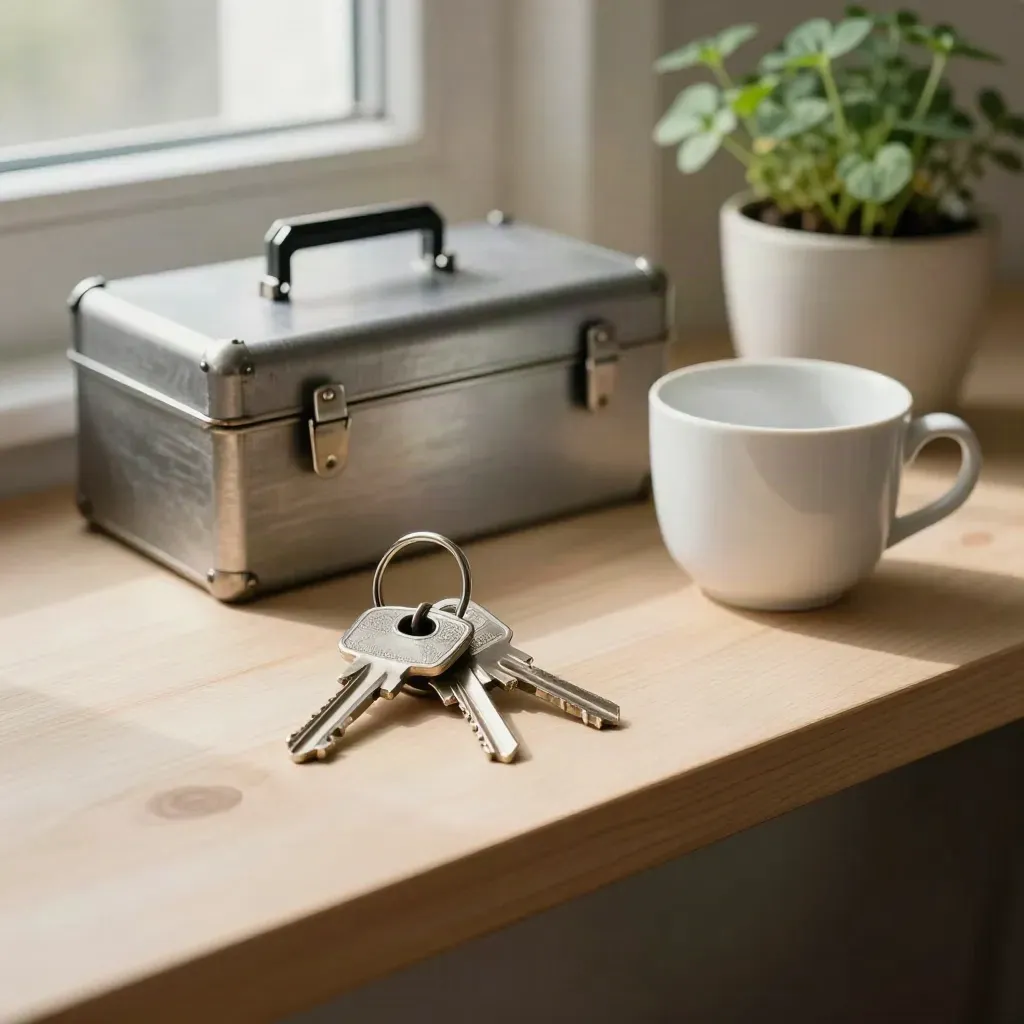 Shop keys, toolbox, cup and herb on a pale wood shelf in soft morning light.
