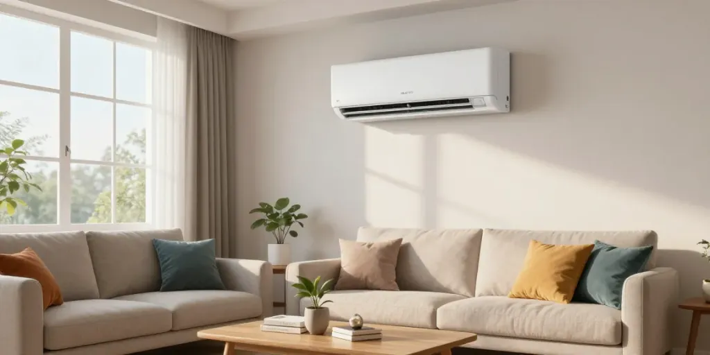 18k BTU mini split installed in a cozy living room with natural light.